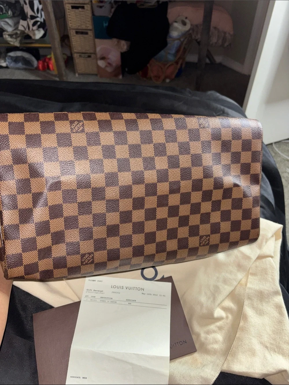 Louis Vuitton Damier Ebene Speedy 35 Satchel with Red Interior